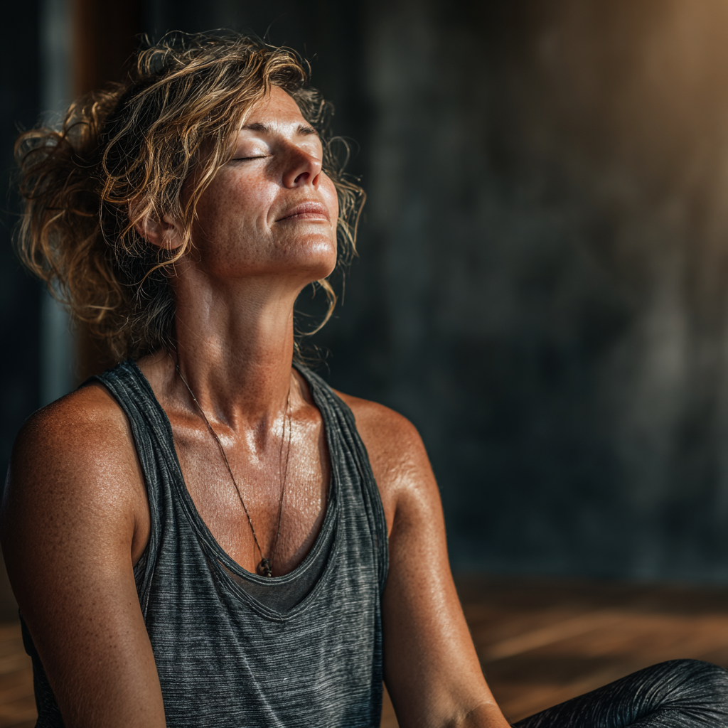 Peaceful middle-aged woman in her late 40s practicing yoga meditation pose in a serene studio environment with natural lighting